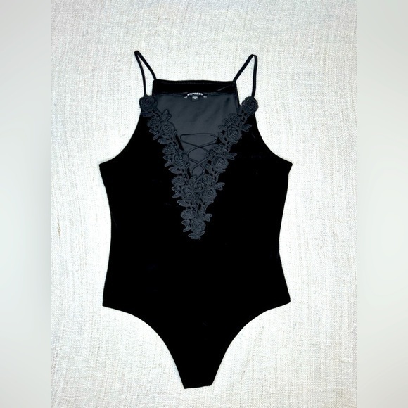 Express Tops - NWOT Express Black Lace Up Velvet Bodysuit v-neck floral embroidery​​